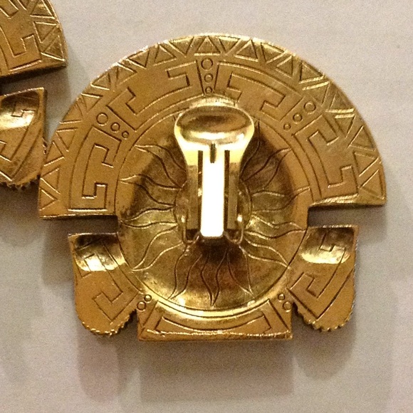 OOAK Retro XL Mayan Aztec Tribal Onyx Coral Stone Clip Earrings - Picture 4 of 8